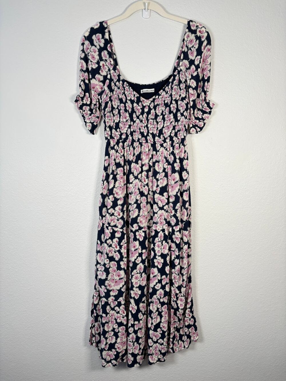 Abercrombie & Fitch Petite Dark Blue Floral Print Smocked Puff Sleeve Midi Dress